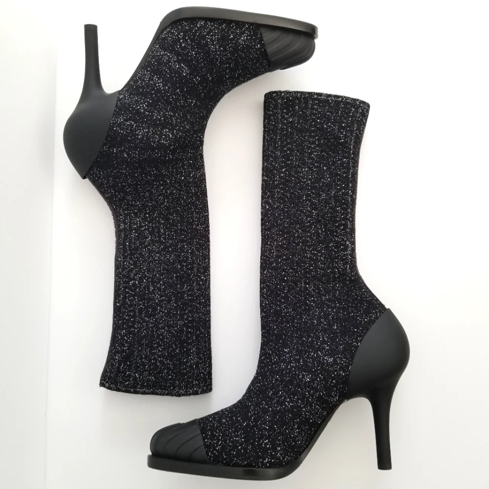 Chloe Lurex Knitted High Heel Elastic Sock Ankle Boots Size 36 Black Sil… - Picture 3 of 14